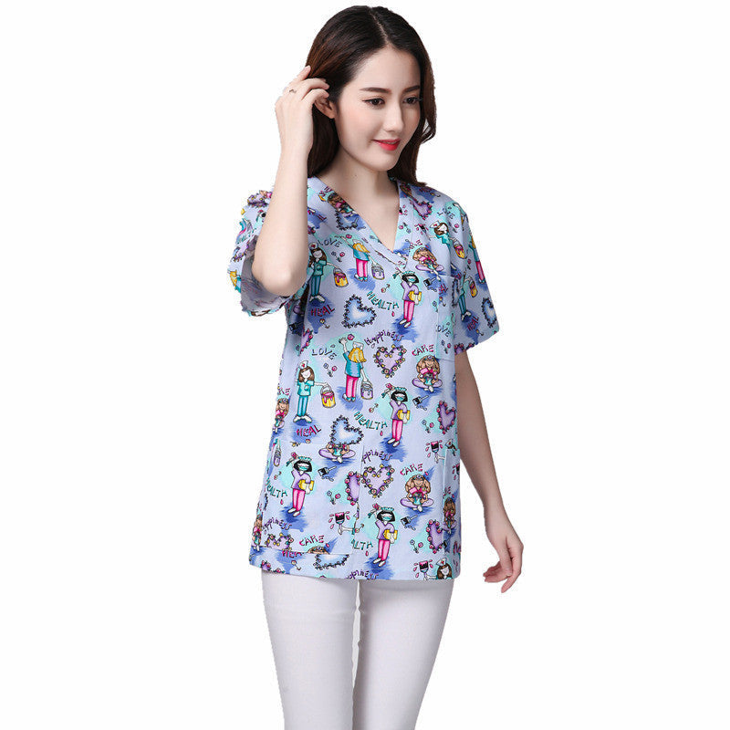 Cartoon Printing Hand Washing Suit Short Sleeve Nurse Gown