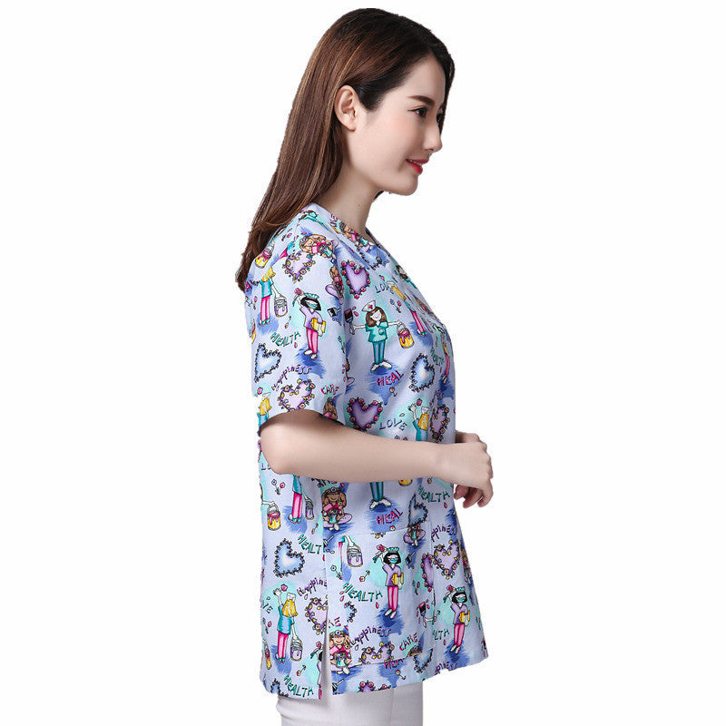 Cartoon Printing Hand Washing Suit Short Sleeve Nurse Gown